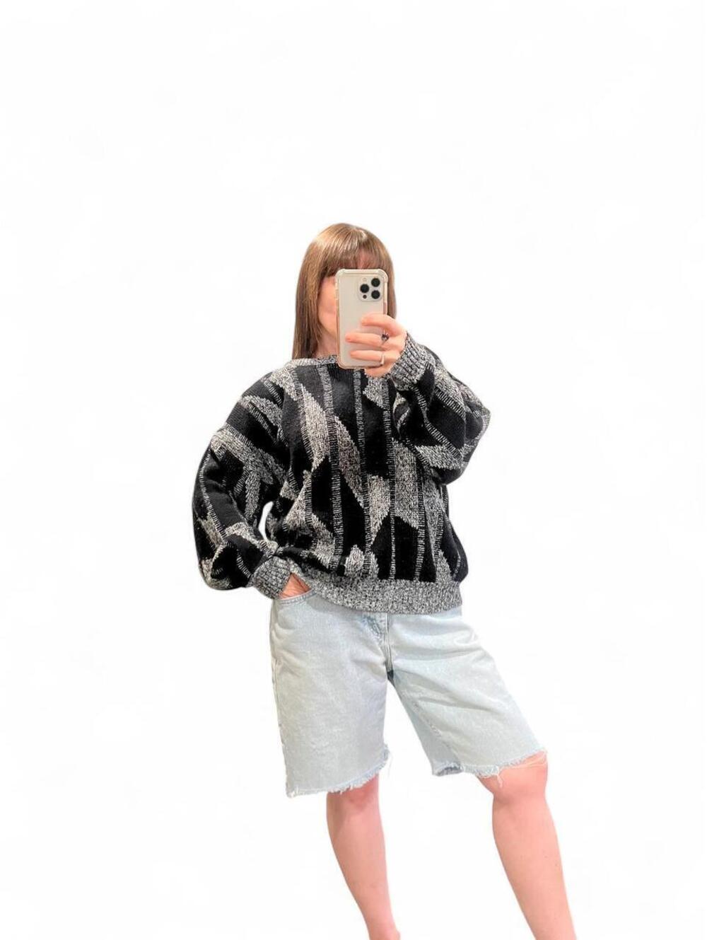 Vintage 90s Black Gray Abstract Knit Grandpa Sweater Made in USA